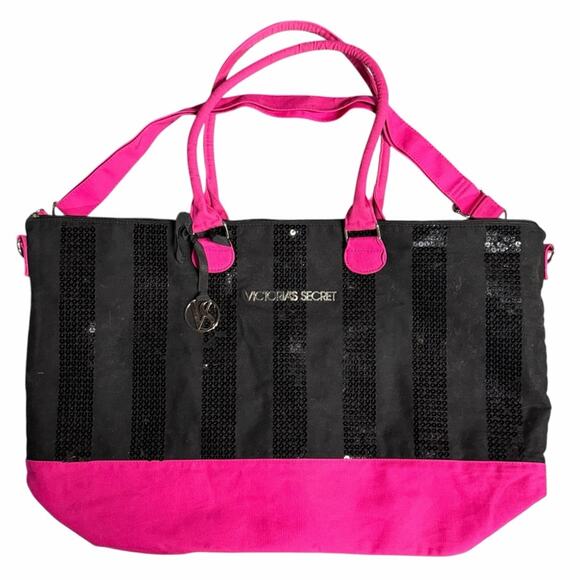 Victoria's Secret Handbags - Victoria's Secret Weekender Tote Bag Black and Pink Sequins